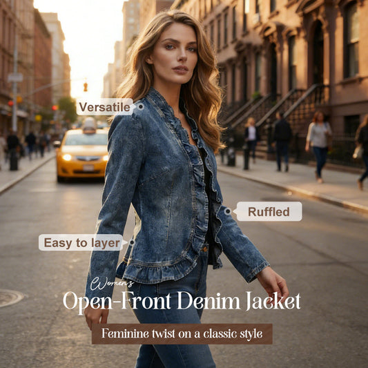 🧥 ¡50% DE DESCUENTO POR TIEMPO LIMITADO! ✨ Chaqueta vaquera para mujer: diseño abierto, con volantes, ligera y lavado clásico ✨