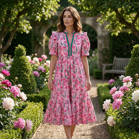 Vestido Largo de Manga Abullonada con Estampado Floral para Mujeres