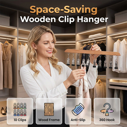Percha de madera con múltiples pinzas para organizar el clóset